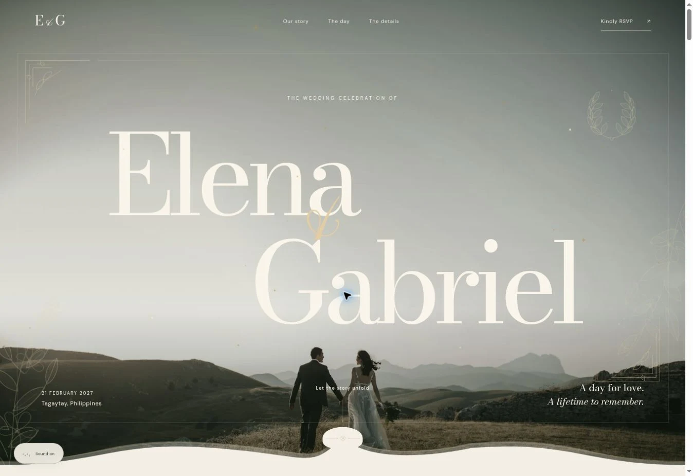 Editorial Elena and Gabriel wedding website with large typography over real wedding photography