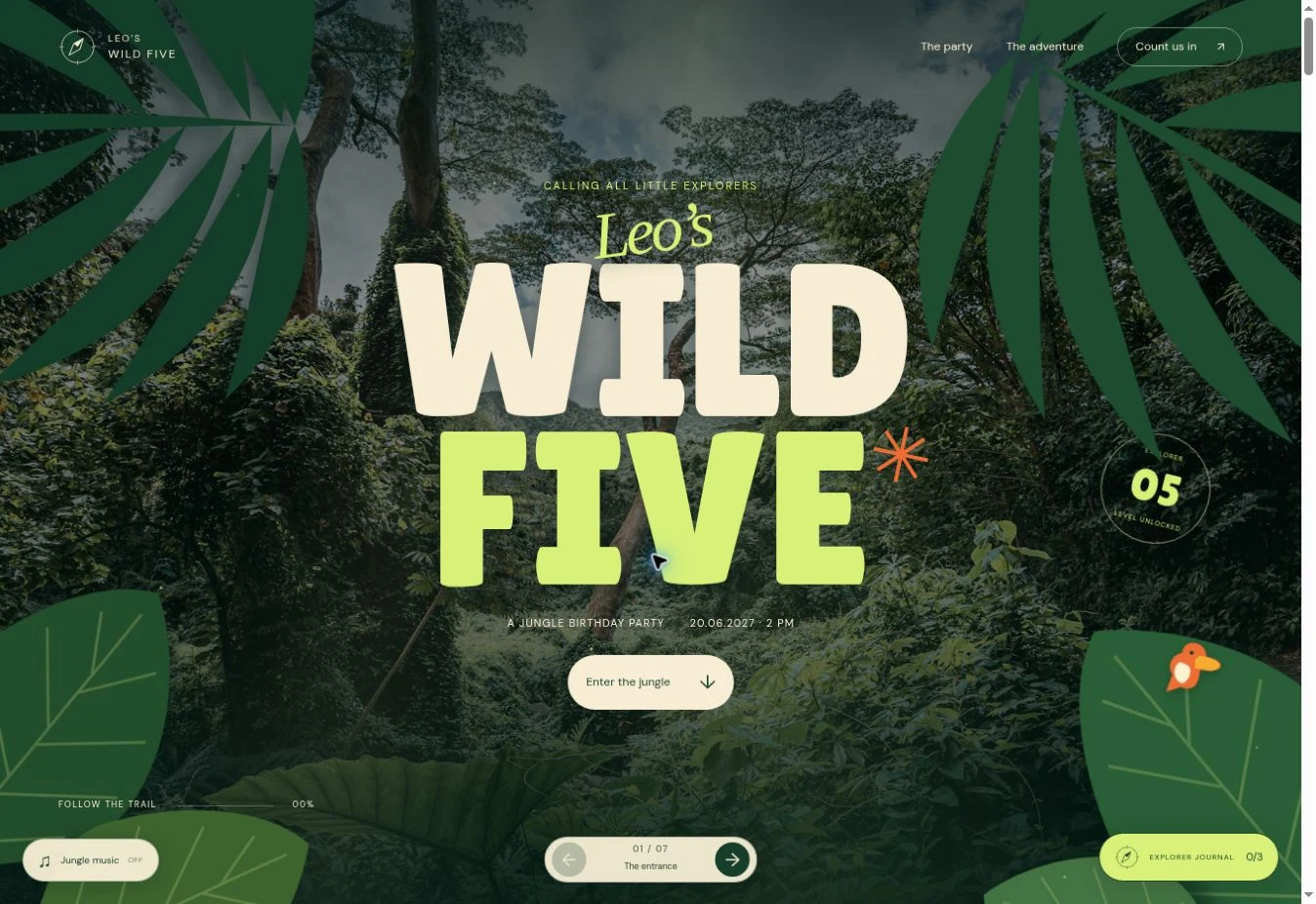 Leo’s Wild Five jungle invitation with bright green lettering and rainforest foliage