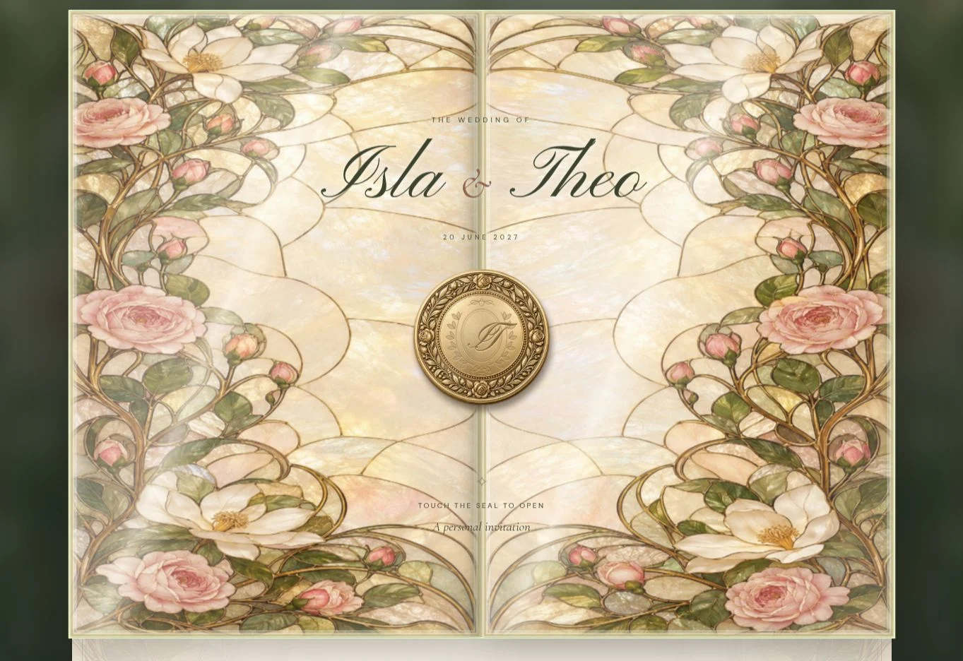 Actual Isla and Theo invitation opening with floral glass panels and an engraved gold seal