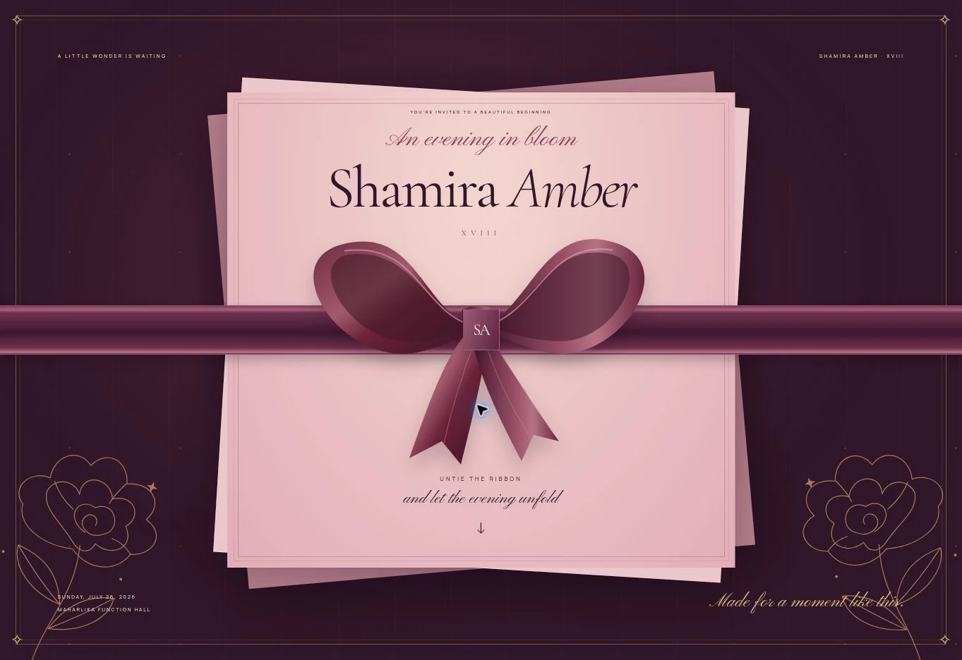 Shamira Amber invitation opening with pink stationery and a burgundy ribbon