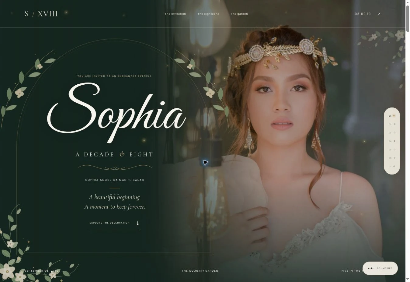 Sophia’s forest green garden debut invitation with a portrait and elegant type